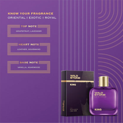 Wild Stone King perfume bottle and packaging on a purple background with fragrance notes.