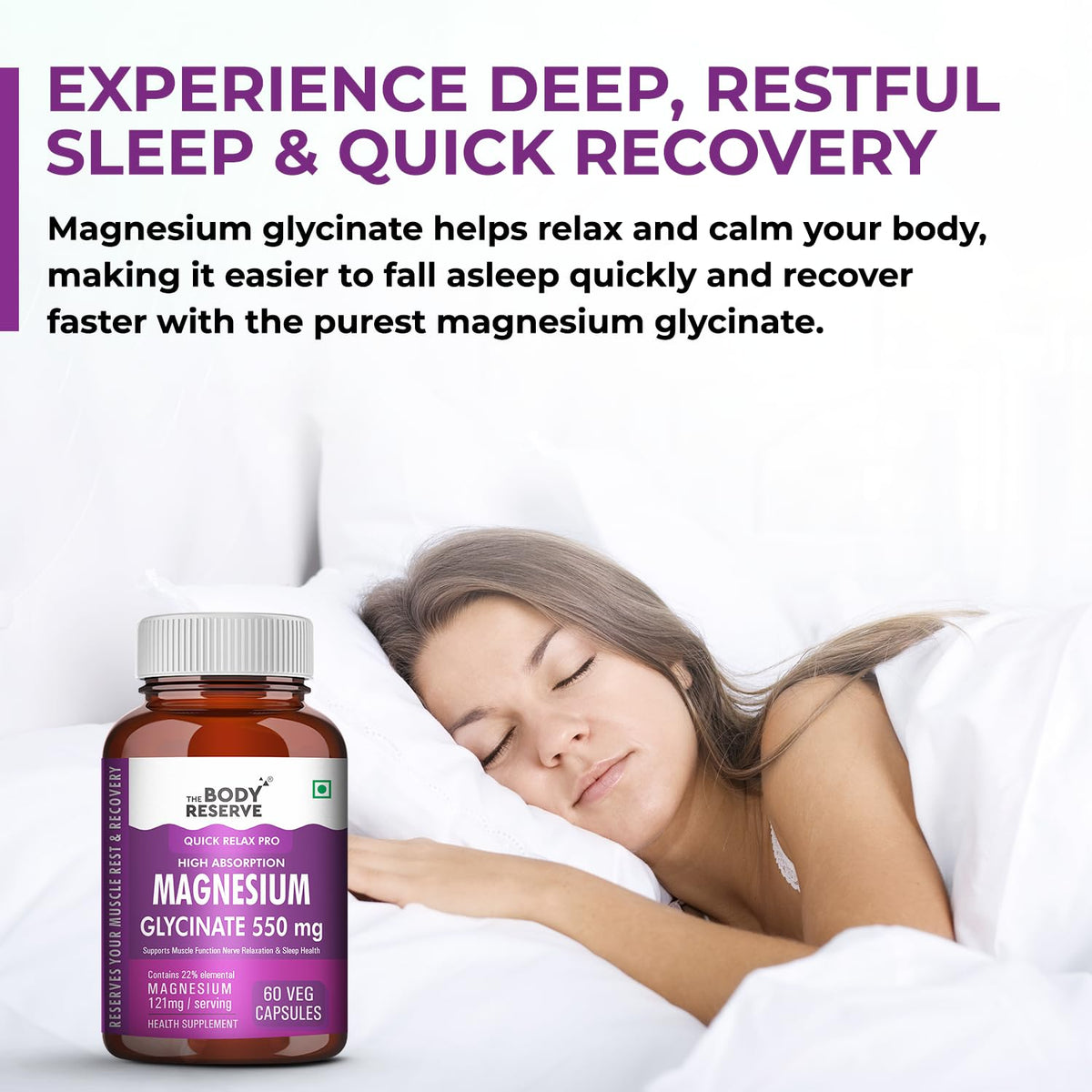 Bottle of magnesium supplement with a woman sleeping in the background, emphasizing deep restful sleep and quick recovery.