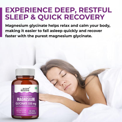 Bottle of magnesium supplement with a woman sleeping in the background, emphasizing deep restful sleep and quick recovery.