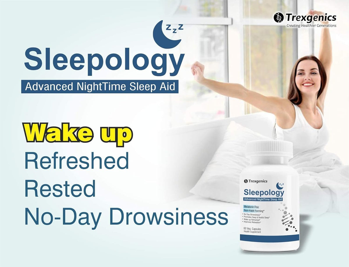 Advertisement for Sleepology sleep aid with a woman sitting on a bed and a bottle of the product.