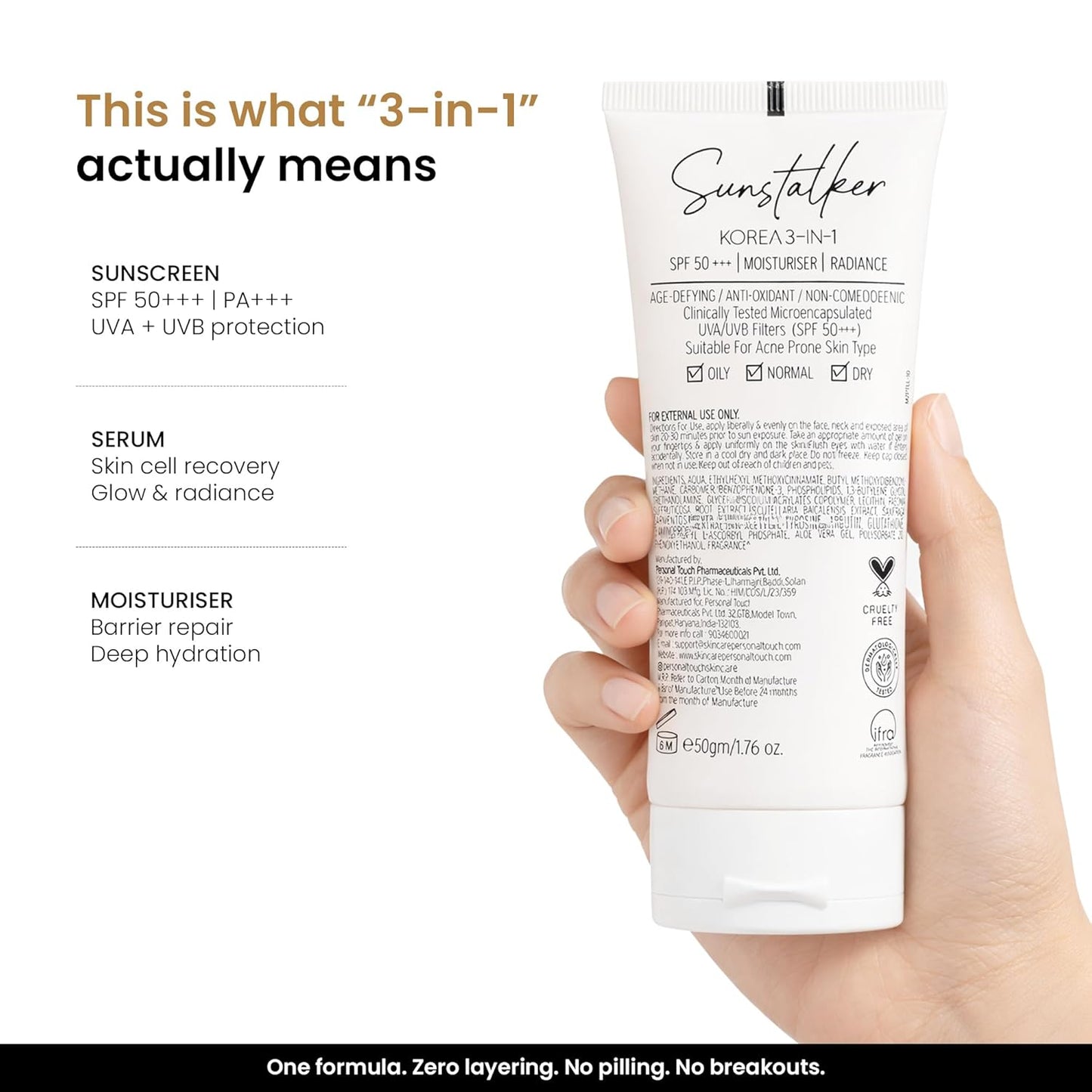 Personal Touch Sunscreen SPF 50 PA+++ for Face | Sunstalker Korea 3 in 1| Lightweight Sunscreen with No White Cast | Non-Greasy, Acne Safe & Oil-Free | With Niacinamide | For Oily & Dry Skin | 50 ml