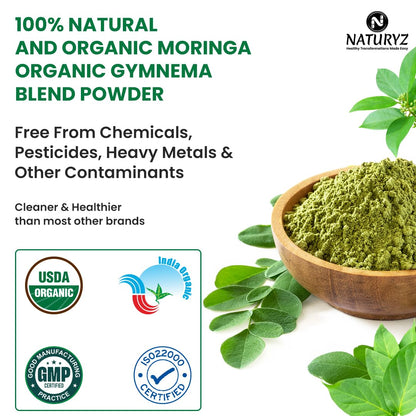 Naturyz Moringa Organic Gymnema Blend Powder with green leaves on a white background