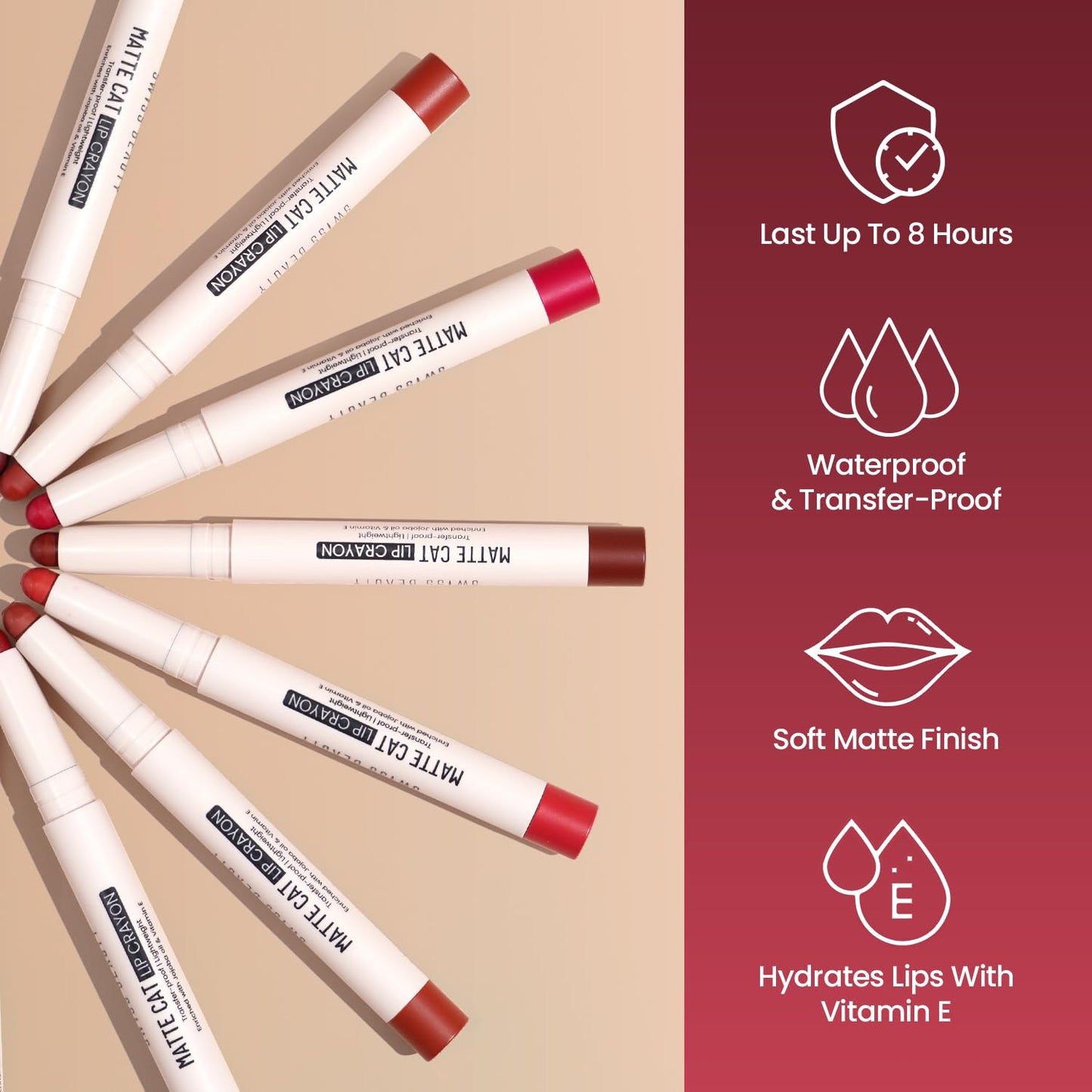 Swiss Beauty Matte Cat Lip Crayon | Matte Finish | Waterproof | 12-Hour Stay | Hydrating | Non-drying | Shade-02 Regal Camarine, 1.5g