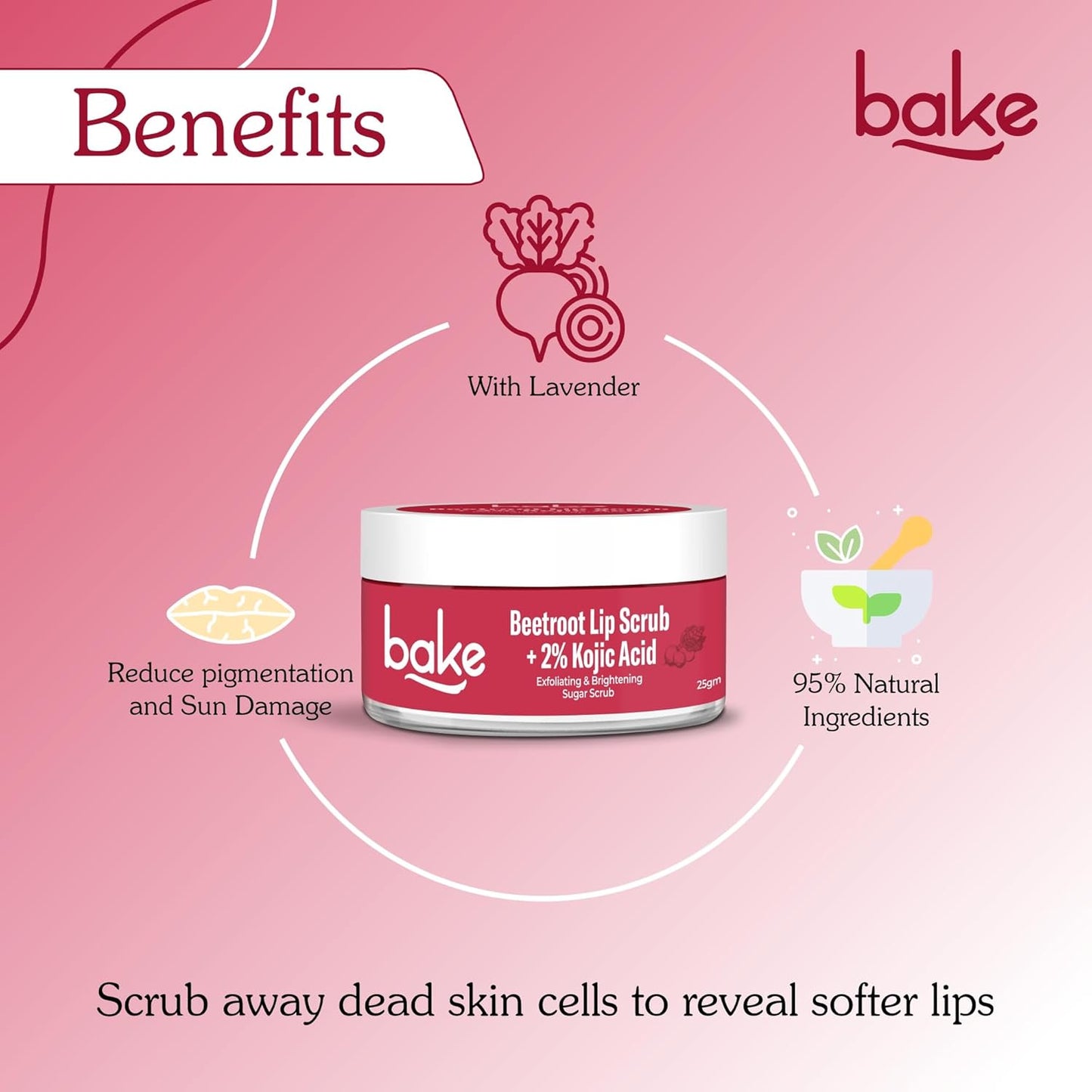 BAKE 2% Kojic Acid Beetroot Lip Scrub for Dark Pigmented Lips with Sugar Granules for Dry & Pink Lips, For Men & Women - 25g