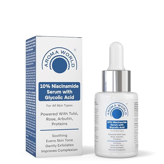 Aroma World 10% Niacinamide Face Serum with Glycolic Acid | Soothing Face Serum, Evens Skin Tone, Gently Exfoliates & Improves Complexion | For All Skin Types | 30 ml