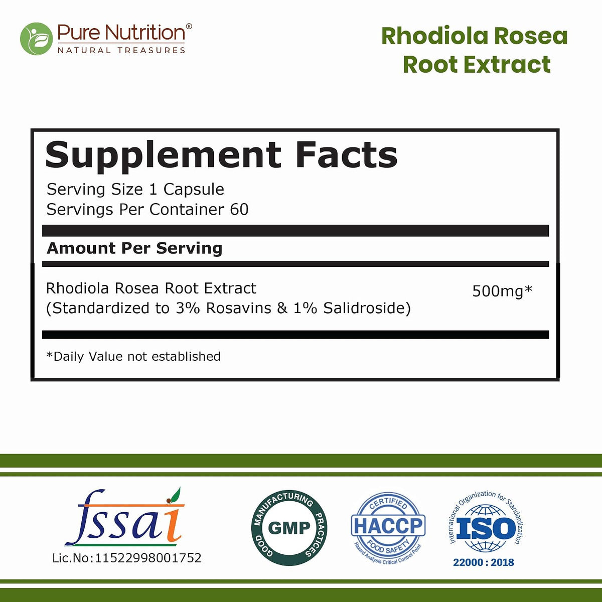 Pure Nutrition Rhodiola Rosea Root Extract (500mg) - 60 Veg Capsules | Standardized to 3% Rosavins & 1% Salidroside | Supports Energy, Focus, Relaxation & Cognitive Health