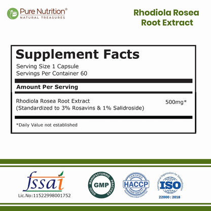 Pure Nutrition Rhodiola Rosea Root Extract (500mg) - 60 Veg Capsules | Standardized to 3% Rosavins & 1% Salidroside | Supports Energy, Focus, Relaxation & Cognitive Health