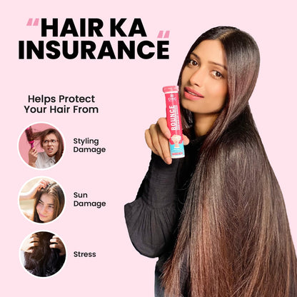 Woman with long hair holding a product with text about hair care on a pink background