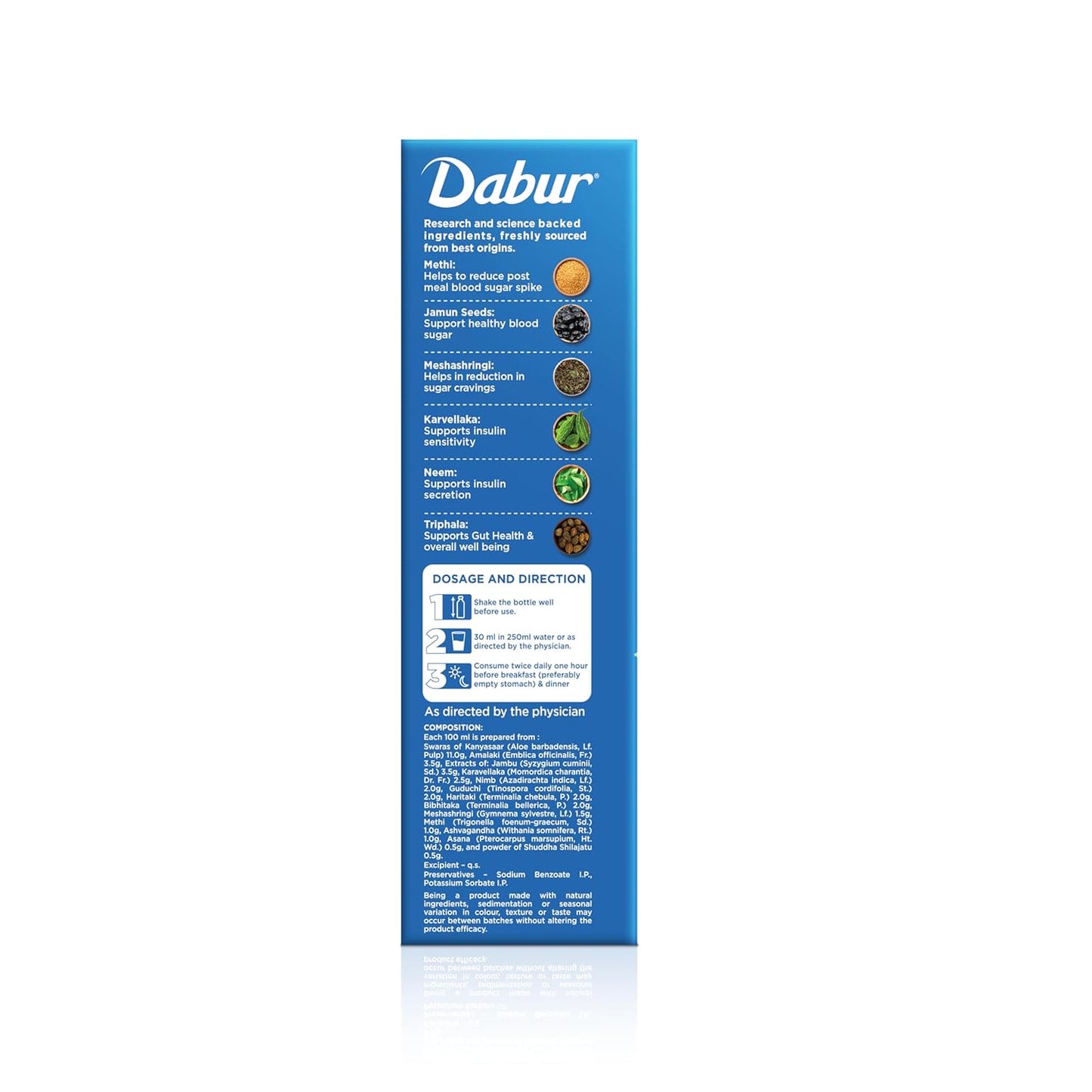 Dabur product packaging with blue label on a white background