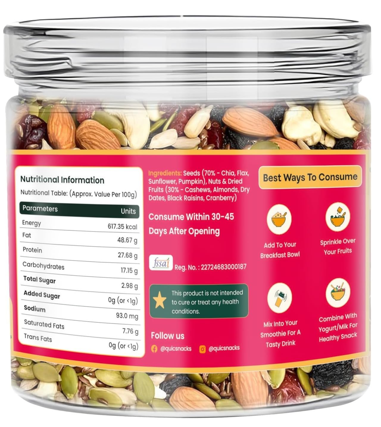 QuicSnacks 9 in 1 Mix Detoxibites Seeds | Nuts and Seed Mixes | Mixed Dry Fruits for Eating | Crunchy and Flavorful Snack | Trail Mix | Rich in Omega-3 | Improve Heart Health and Circulation (9 in 1 Mix Detoxibites)