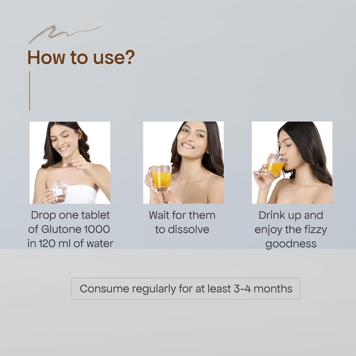 Instructions on how to use Glutone 1000 supplement with a woman holding a glass of water and orange juice.