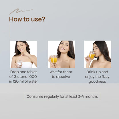 Instructions on how to use Glutone 1000 supplement with a woman holding a glass of water and orange juice.