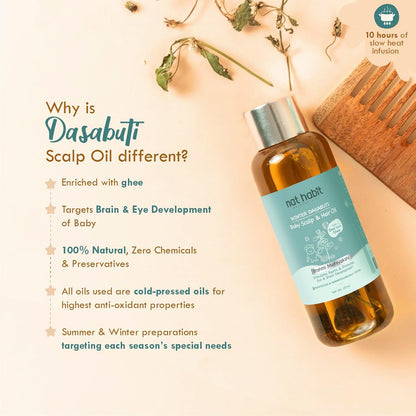 Nat Habit Winter Baby Hair Oil for Kids 0-5 Years | Ayurvedic Hair Oil for Baby with Brahmi, Matsyakshi & Dasabuti | Hair Growth Oil with Desi Ghee & Cold Pressed Oils | Cools Body, Aids Sleep, 110ml