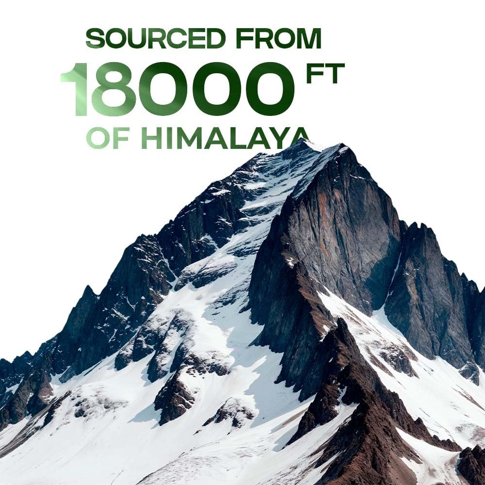 Snowy mountain peak with text 'Sourced from 18000 ft of Himalaya' on a white background