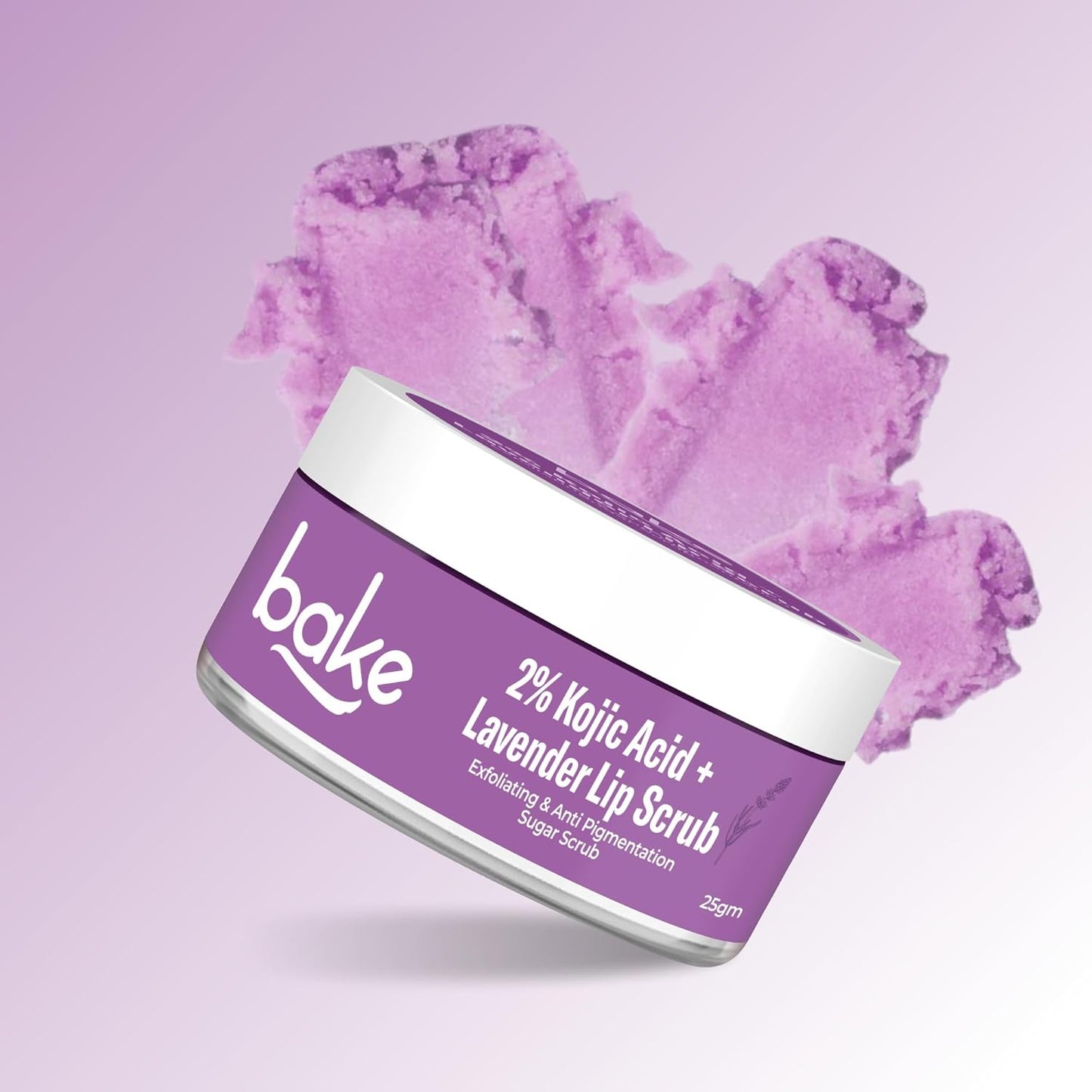 BAKE 2% Kojic Acid Lavender Lip Scrub for Dark, Pigmented Lips with Sugar Granules for Dry & Pink Lips, For Men & Women - 25g