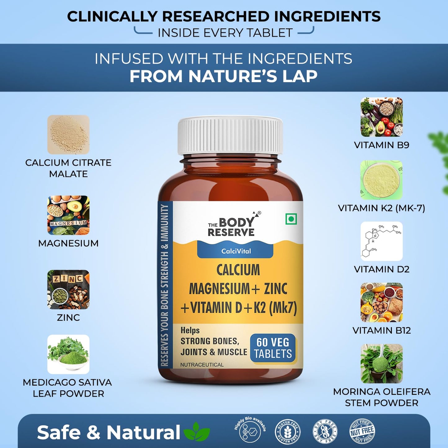 Body Reserve Calcium Magnesium + Zinc supplement bottle with ingredients listed on a blue background