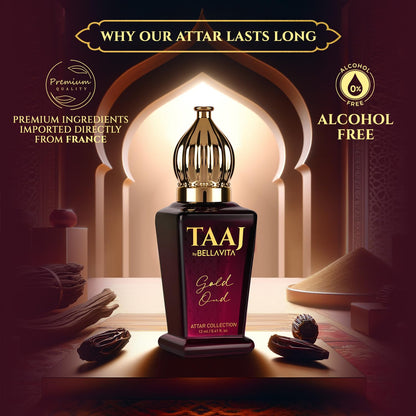 TAAJ Attar bottle with decorative background and text about product features