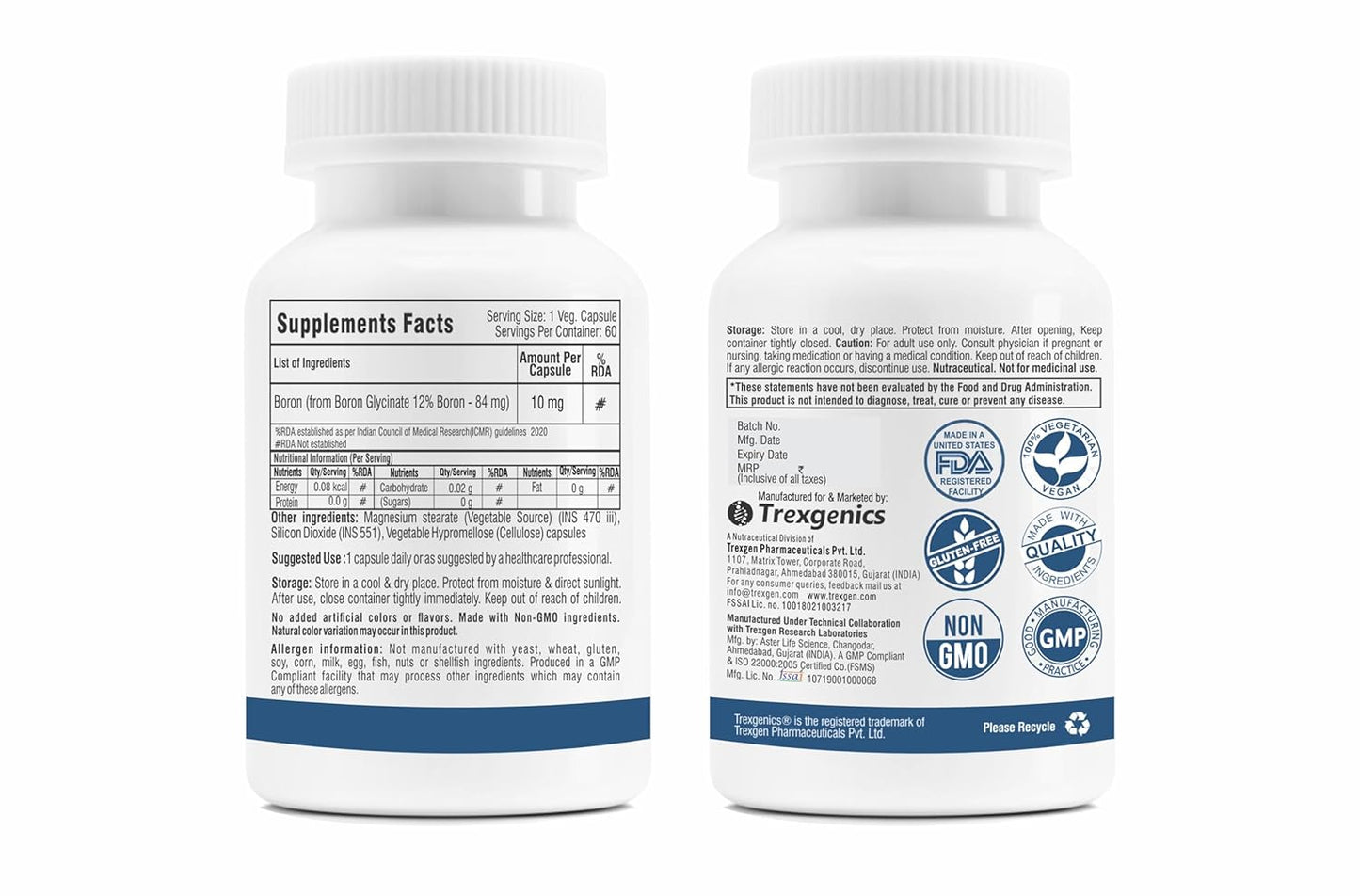 Trexgenics Boron 10 mg XTRA STRENGTH from Boron Glycinate Multi-action Mineral, Bone, Cognitive Function, Reproductive & Joint Health ((60 Veg Capsules)
