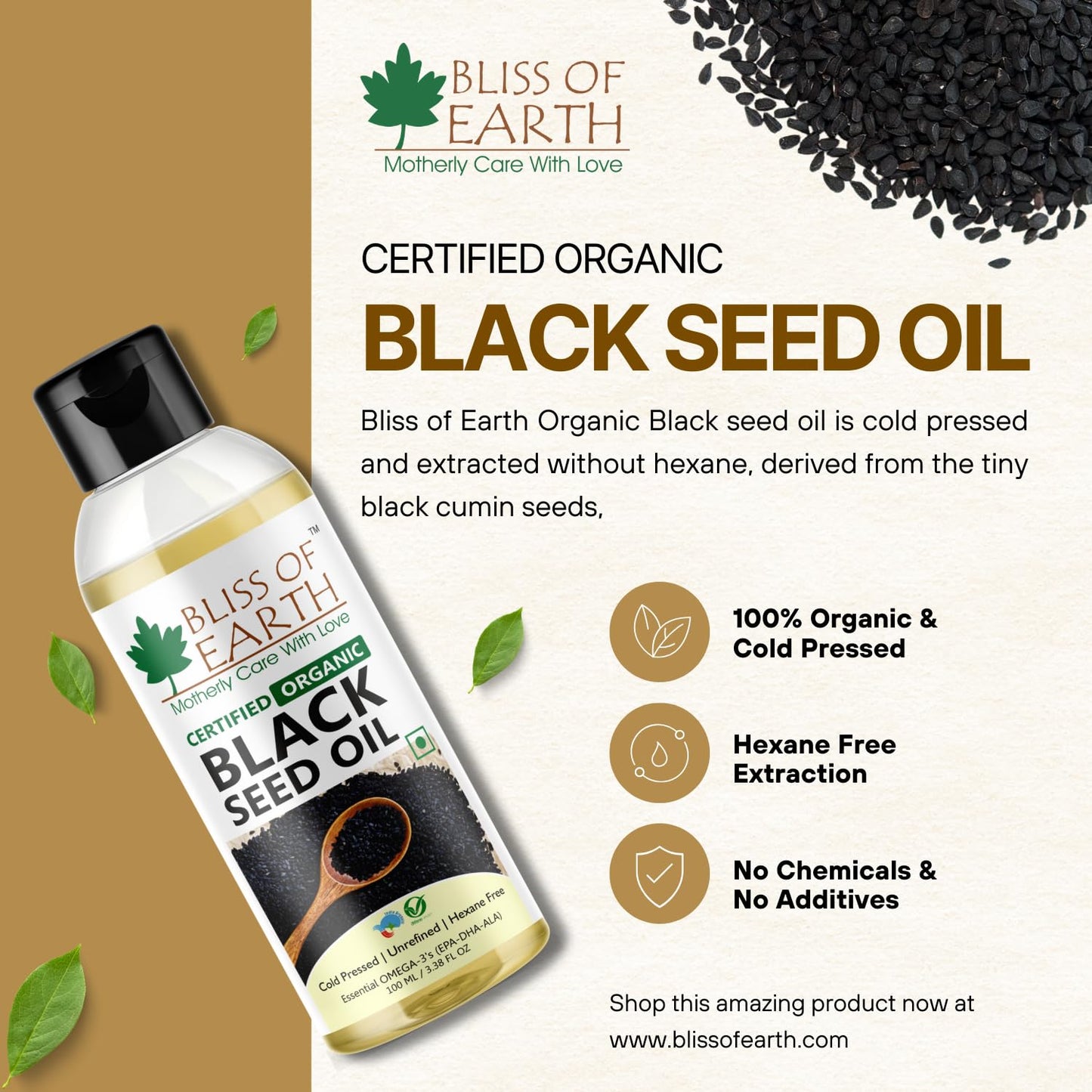 Bliss of Earth Certified Organic Black Seed Oil | Kalonji Oil | 100GM | Immune System Booster | Digestive Support | Great For Hair Health | Gluten Free | Cold Pressed | Unrefined | Hexane Free |