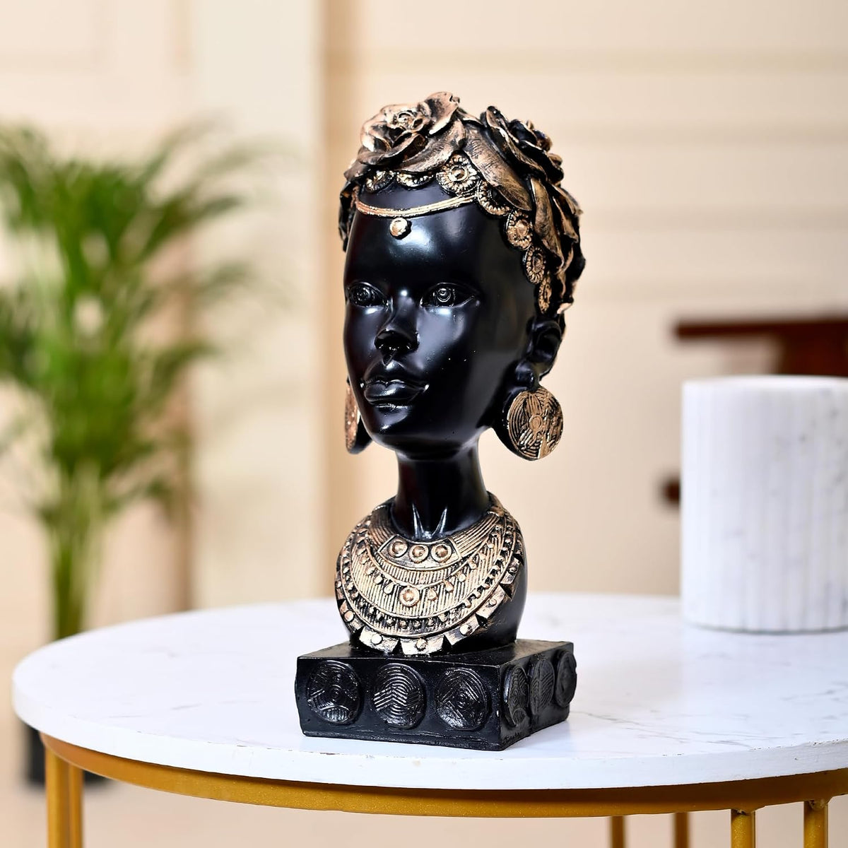 African Lady Statue with Pot|Stunning Cultural Home Décor (Pack of 1, Black & Gold, Model 3)