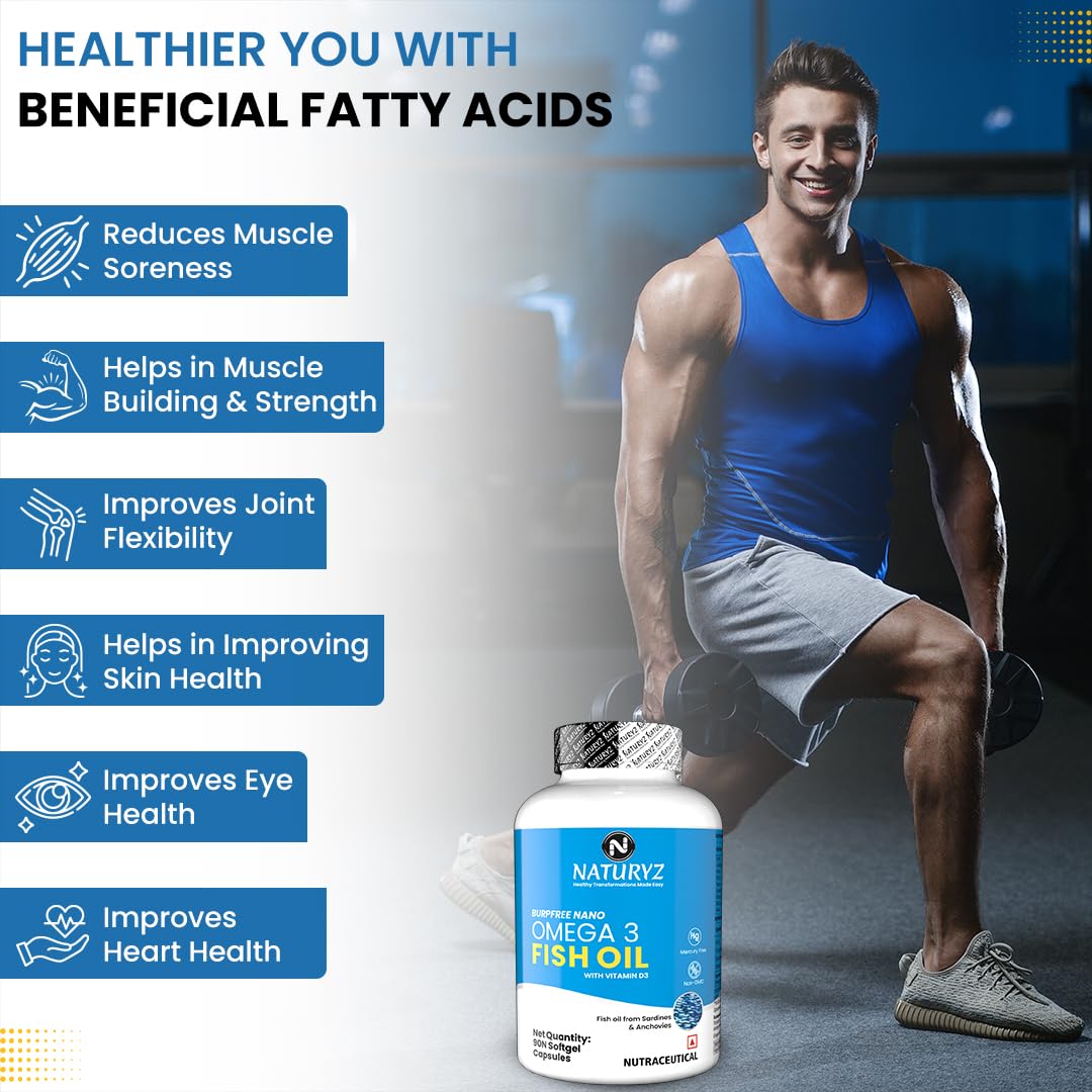 Man in gym attire with Naturez Omega 3 Fish Oil supplement, highlighting health benefits.