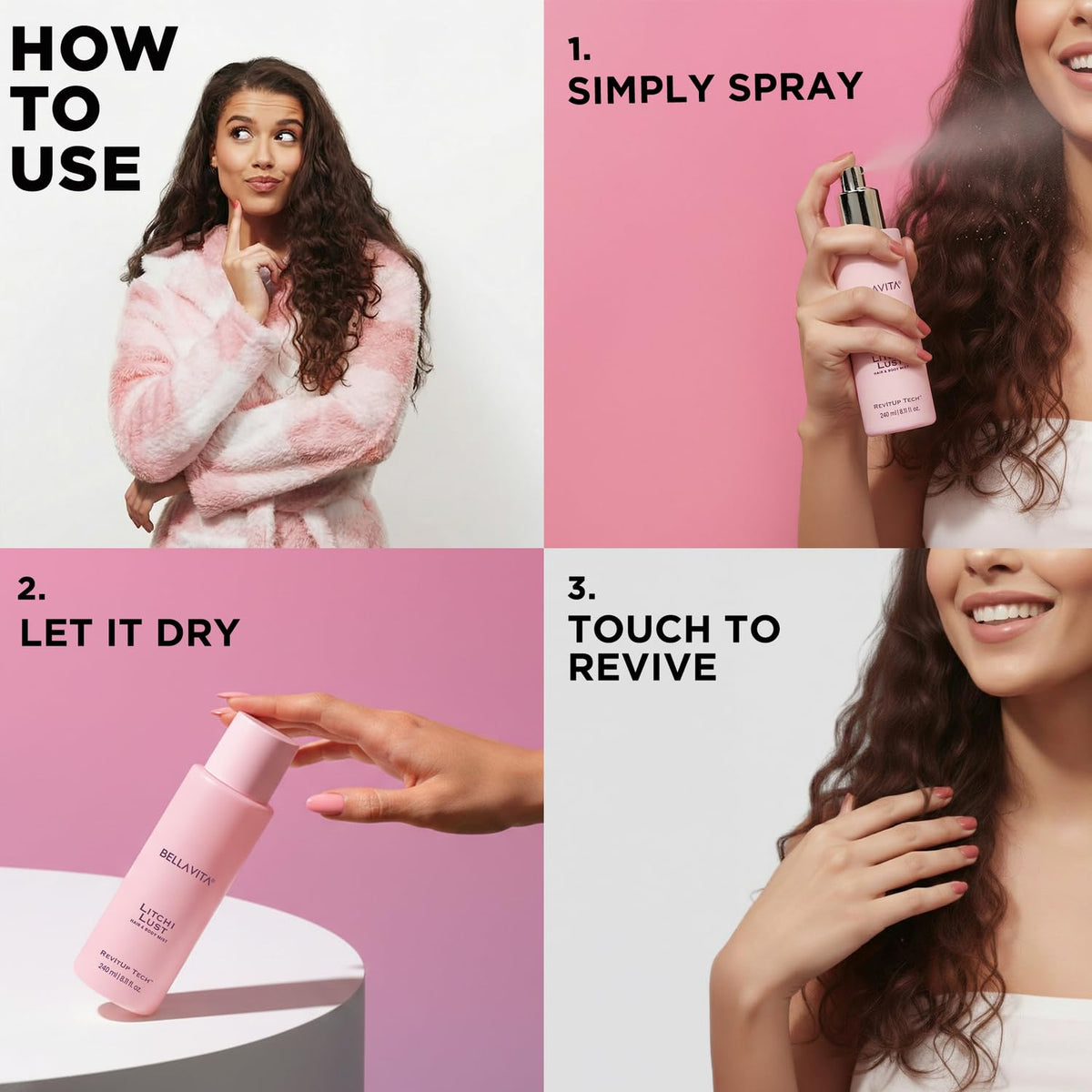 Step-by-step guide on how to use a hair product with a woman and a bottle.