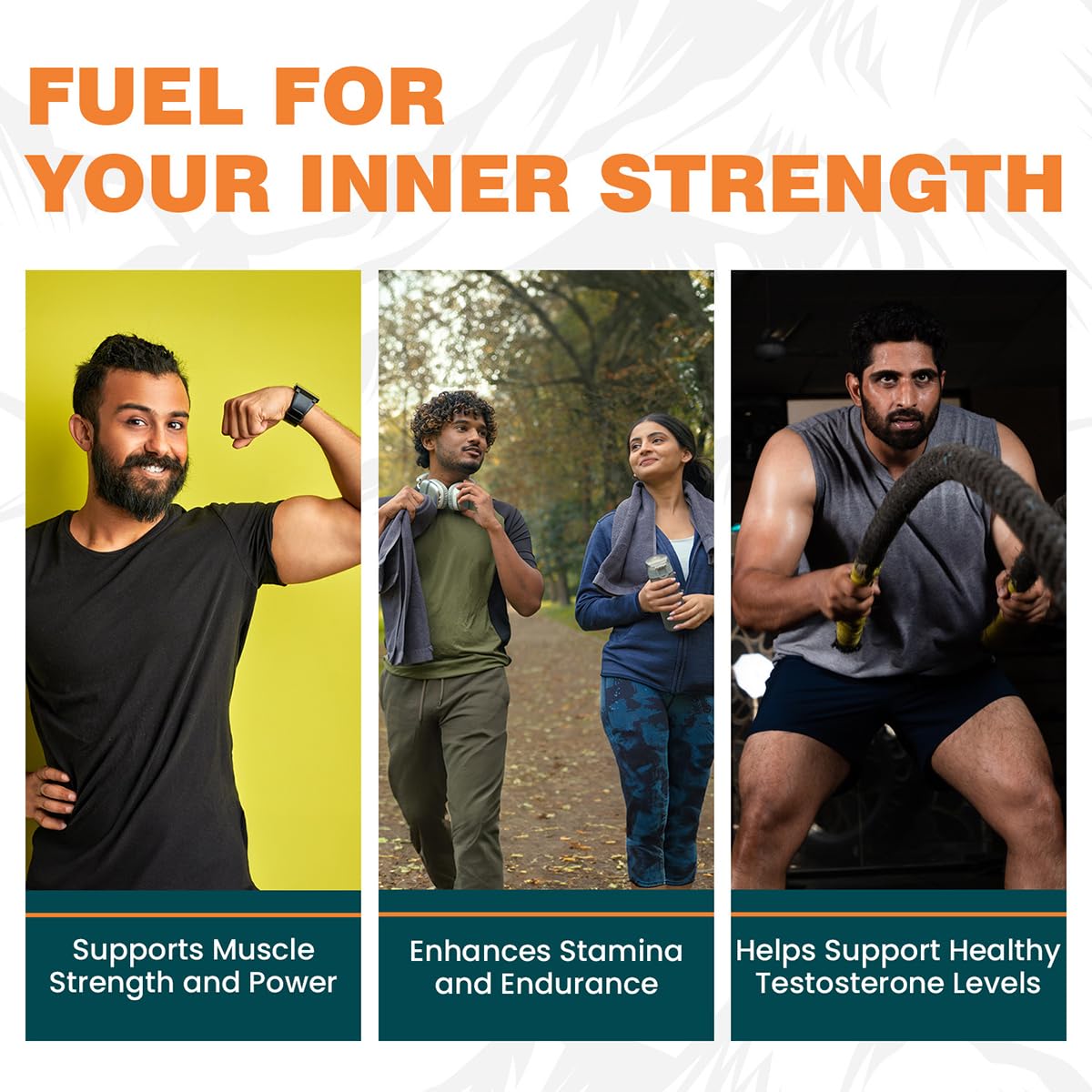 Advertisement for a product or supplement with images of people exercising and text about its benefits.