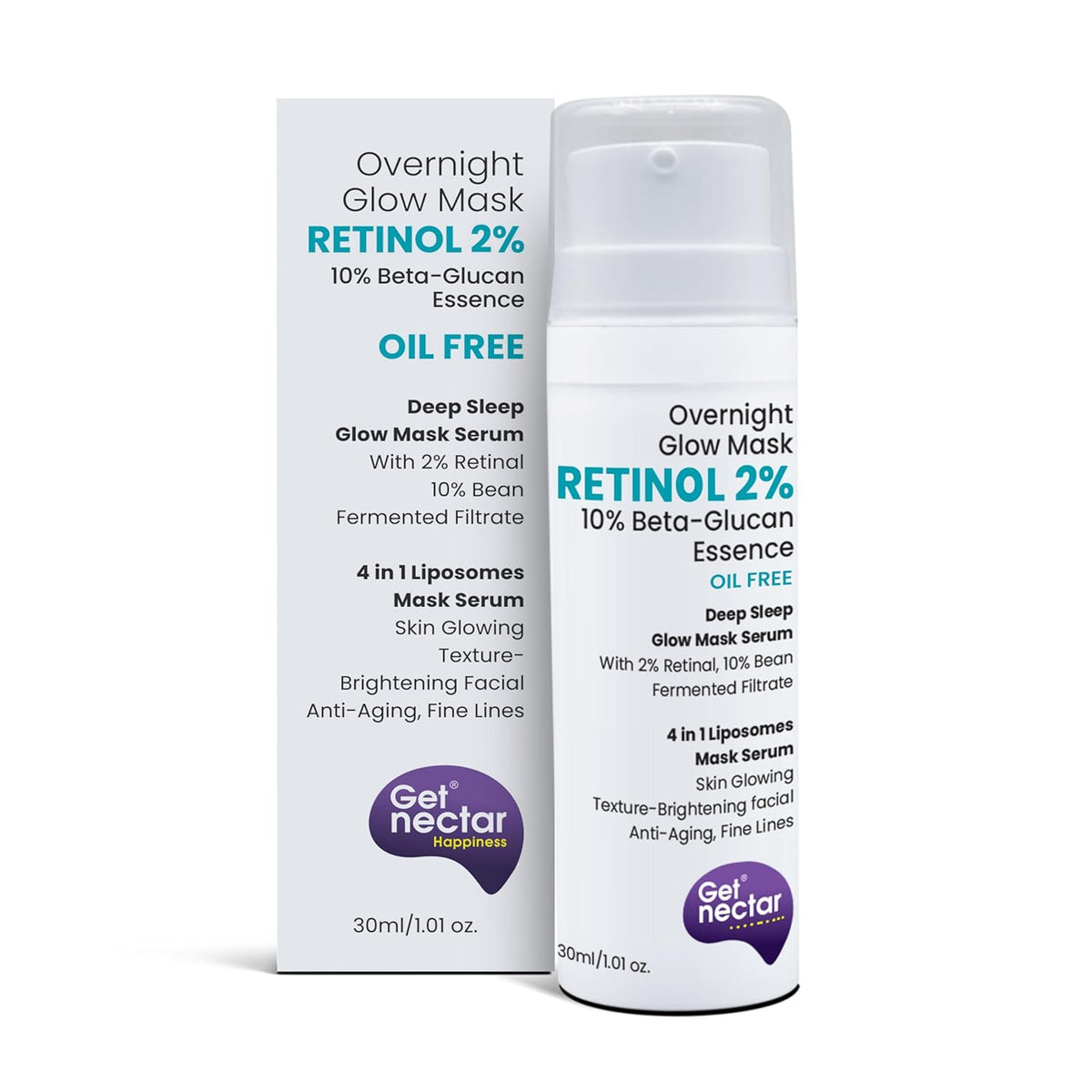 Overnight Glow Mask with Retinol 2% and Get Nectar branding on a white background