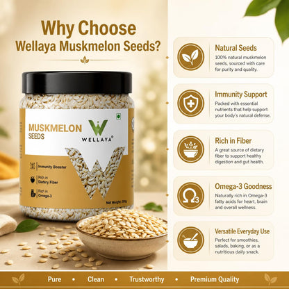 WELLAYA Muskmelon Seeds | Kharbooj Magaz Beej For Weight Loss | Healthy Diet Kharbuja Seeds | Rich in Omega-3, Antioxidants & Nutrients | Boosts Immunity, Energy & Digestion