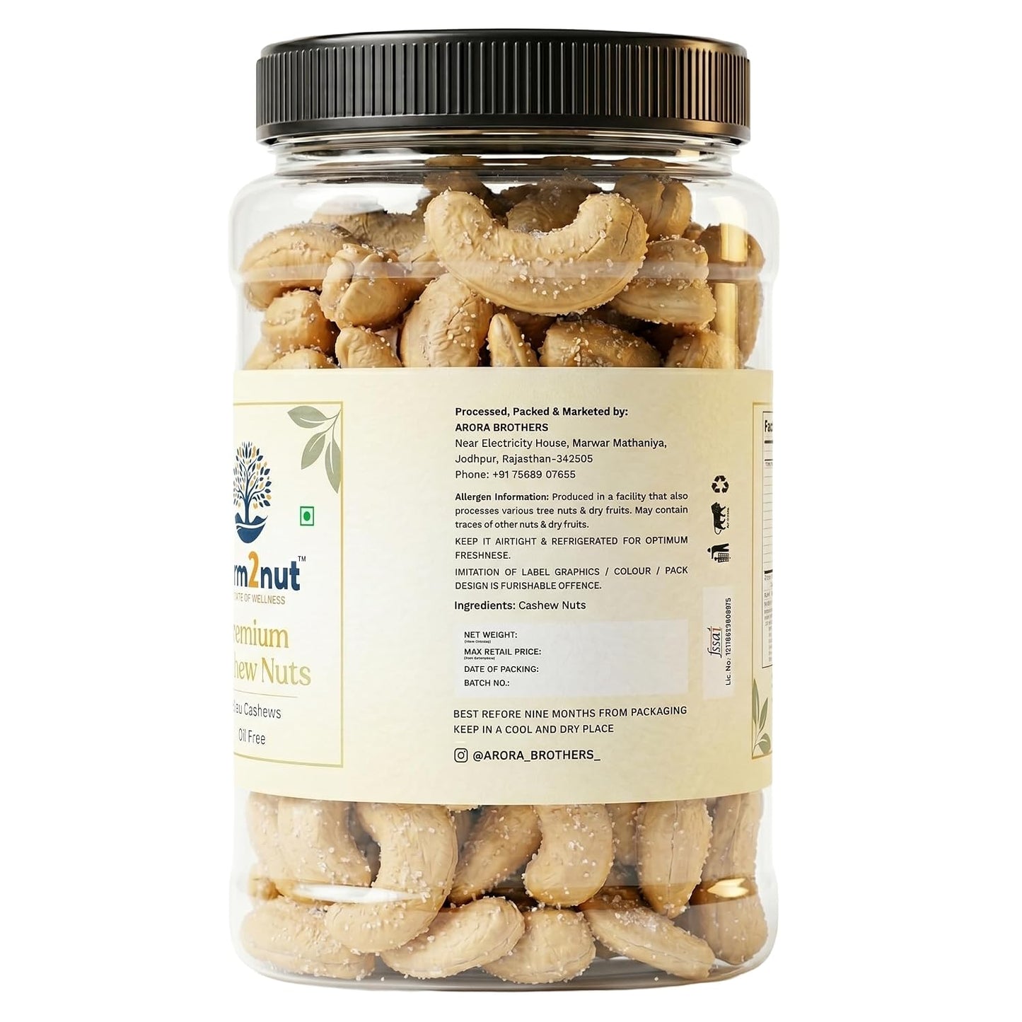 farm2nut Oven Roasted & Salted Cashew Nuts | Crunchy Whole Kaju | Oil-Free & Low Sodium Dry Roasted Cashews | Healthy Vegan Protein Snack | Jumbo Size Premium Cashews
