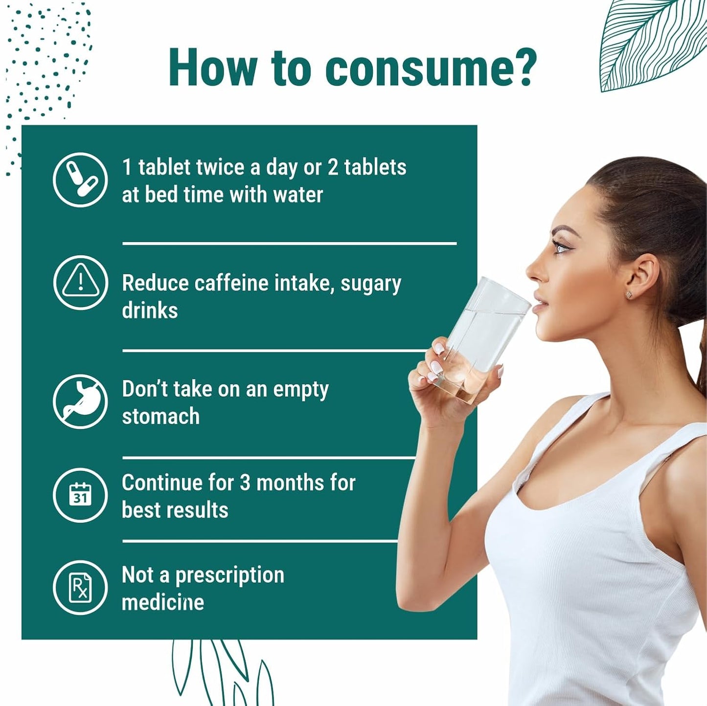 Woman holding a glass of water with consumption instructions on a green background