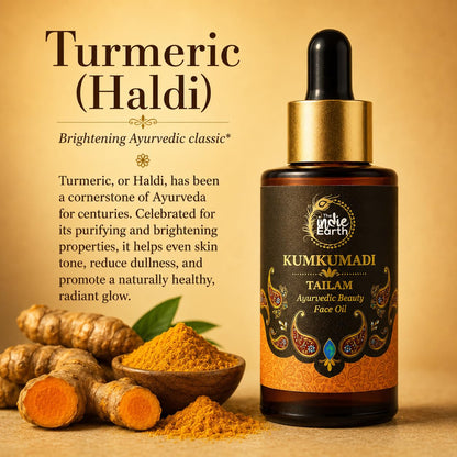 The Indie Earth Kumkumadi Tailam 30 ml | An Ayurvedic Beauty Face Oil | Miraculous Beauty Night Serum for Brighter, Glowing & Younger Looking Skin with Turmeric, Saffron, Blue Lotus & Indian Lotus
