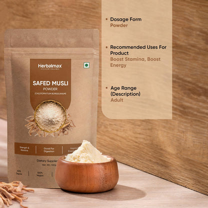 Herbal Max Organic Safed Musli Root Powder – 100g | Ayurvedic Supplement for Strength, Stamina, Vitality & Performance | Herbal Health Booster