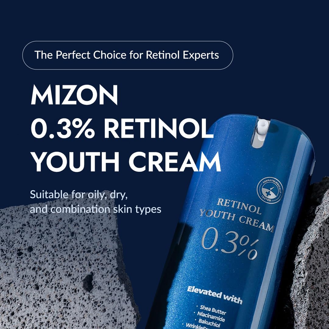 MIZON Retinol Youth 0.3% Retinol Cream with Shea Butter, Peptides, Niacinamide, Bakuchiol Korean Skincare for Fine Line Care - 26 g