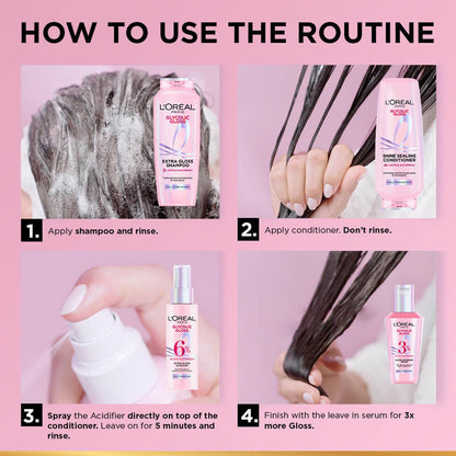 L'Oreal hair care routine guide with product application steps on a pink background