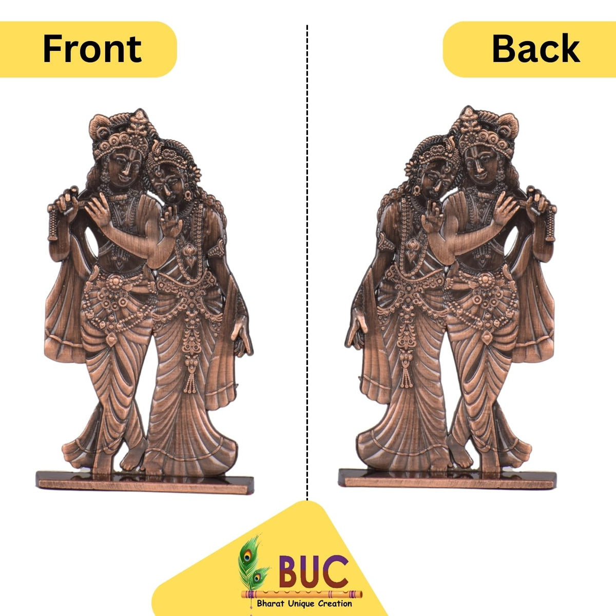 Big Radha Krishna Murli Idol for Car Dashboard – Copper Finish Krishna Radha Ji Statue Spiritual Decor for Home, Car & Office (S1007-CPR)
