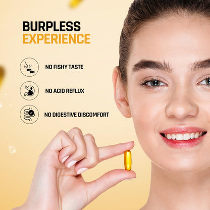 Woman holding a supplement pill with 'Burpless Experience' text and benefits on a yellow background