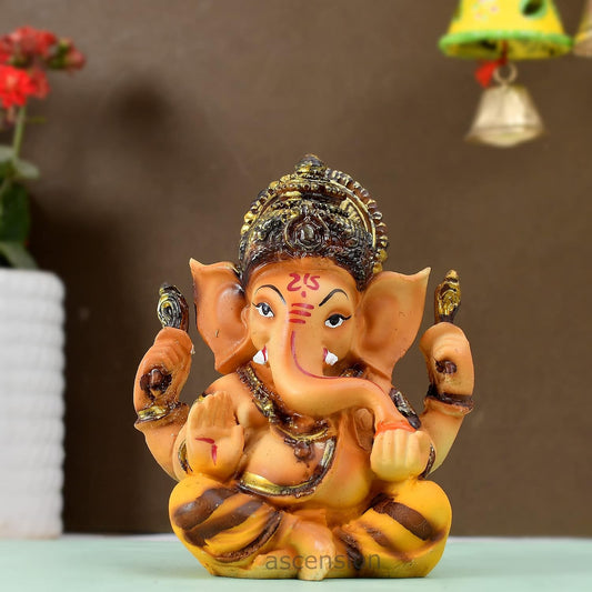 Resin Handcrafted Ochre Hindu Lord Ganesha Ganpati Gajanand Idol Figurine Showpiece Sculpture for Car Dashboard Yellow