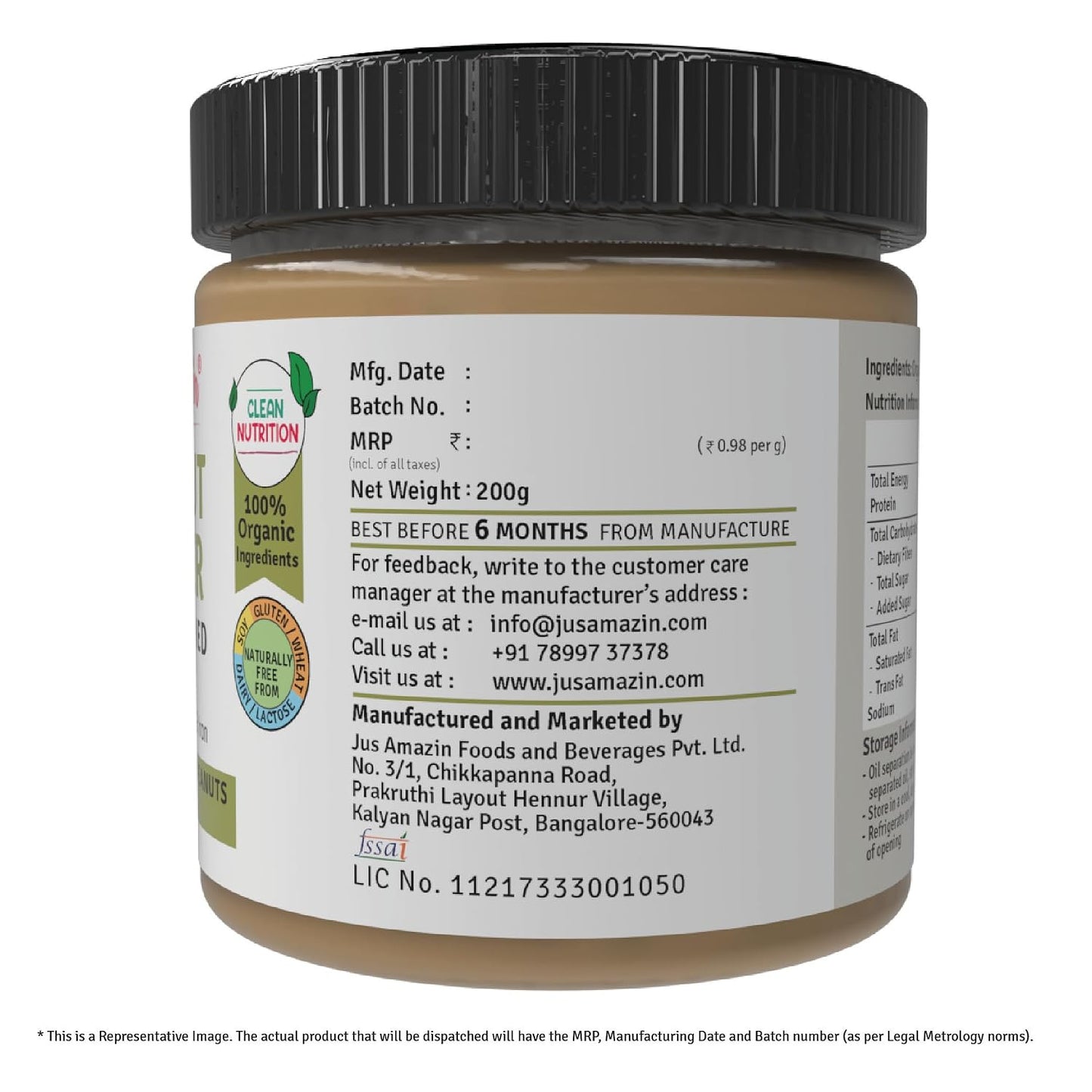 Jus' Amazin Creamy Organic Peanut Butter - Unsweetened | 31% Protein | Single Ingredient - 100% Organic Peanuts (no added Sugar/Salt) | Dairy Free | Keto | Clean Nutrition