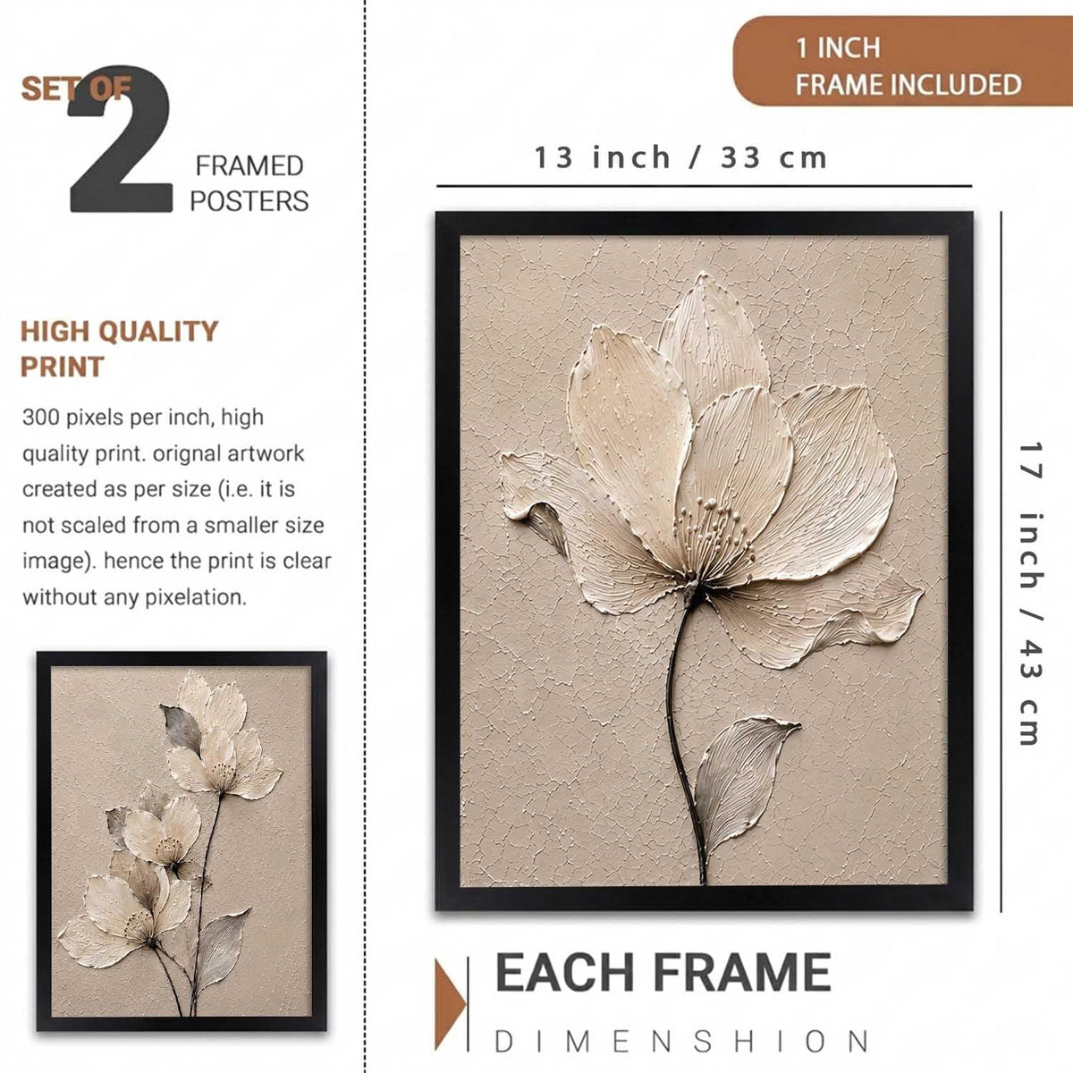 2 Piece Framed Wall Art Set, 3D Textured Floral Botanical Painting, Modern Abstract Flower Wall Decor for Living Room Bedroom Dining Room Office, Ready to Hang, Ideal for Housewarming Gift (design 3, 13X19, Black)