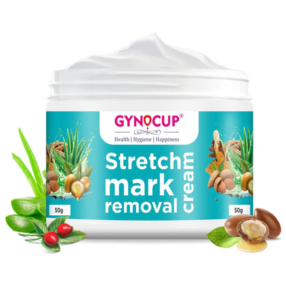 Gynocup stretch mark removal cream jar with natural ingredients on a white background