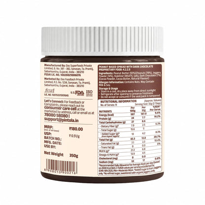 Pintola Peanut Butter Chocolate Flavour Crunchy - 18.6g Protein & 5.2g Dietary Fiber, Made with Premium Roasted Nuts & Cocoa, Gluten Free, Zero Cholesterol & Trans Fat, Vit E & B3, Dark Chocolate