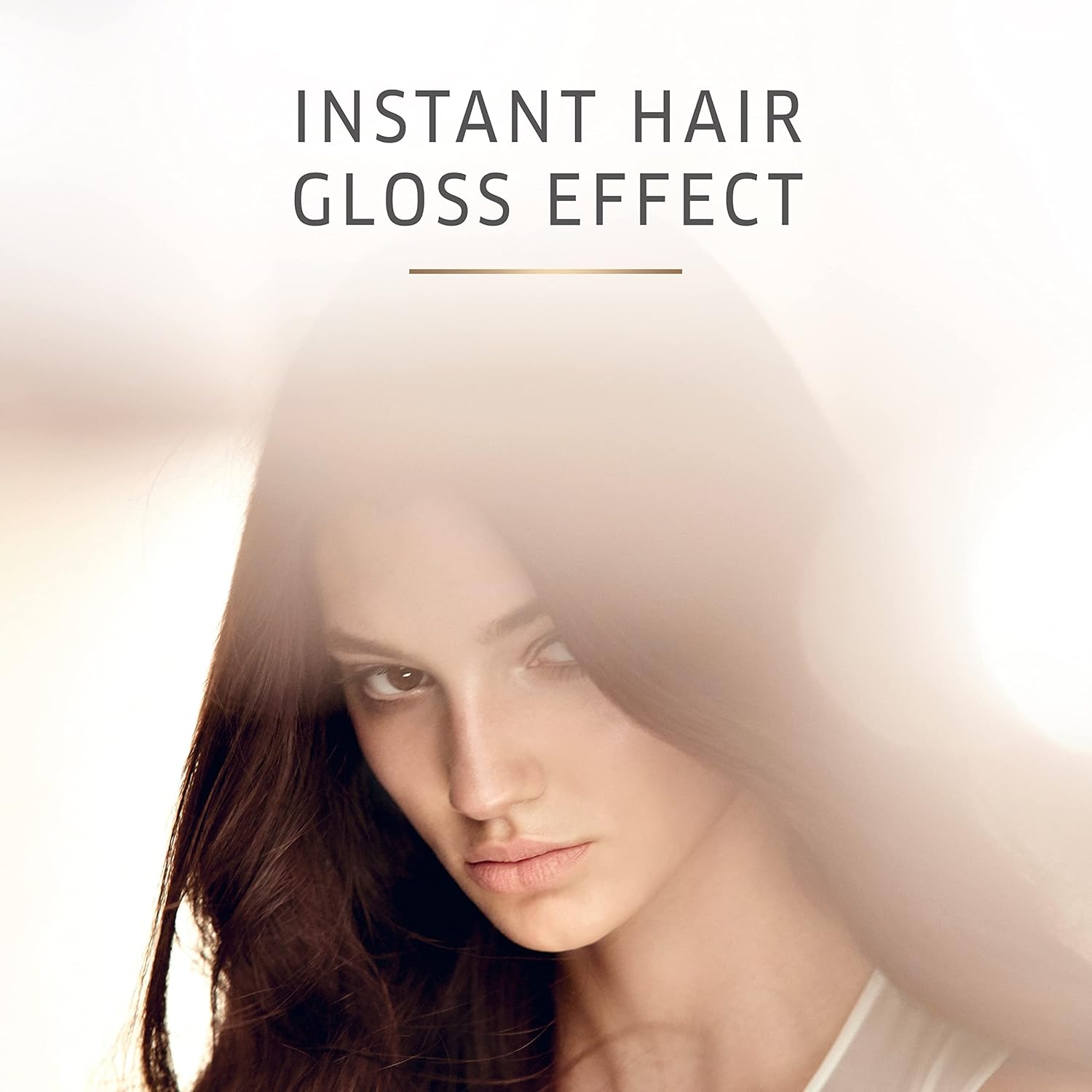 Woman with glossy hair and text 'Instant Hair Gloss Effect' on a light background