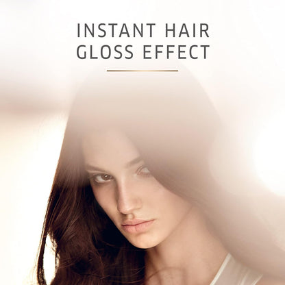 Woman with glossy hair and text 'Instant Hair Gloss Effect' on a light background