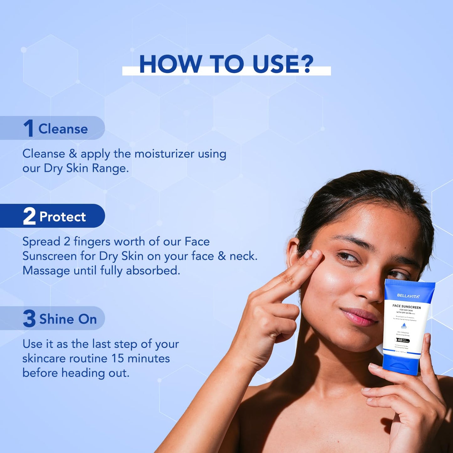 Woman applying sunscreen with text on how to use it on a blue background