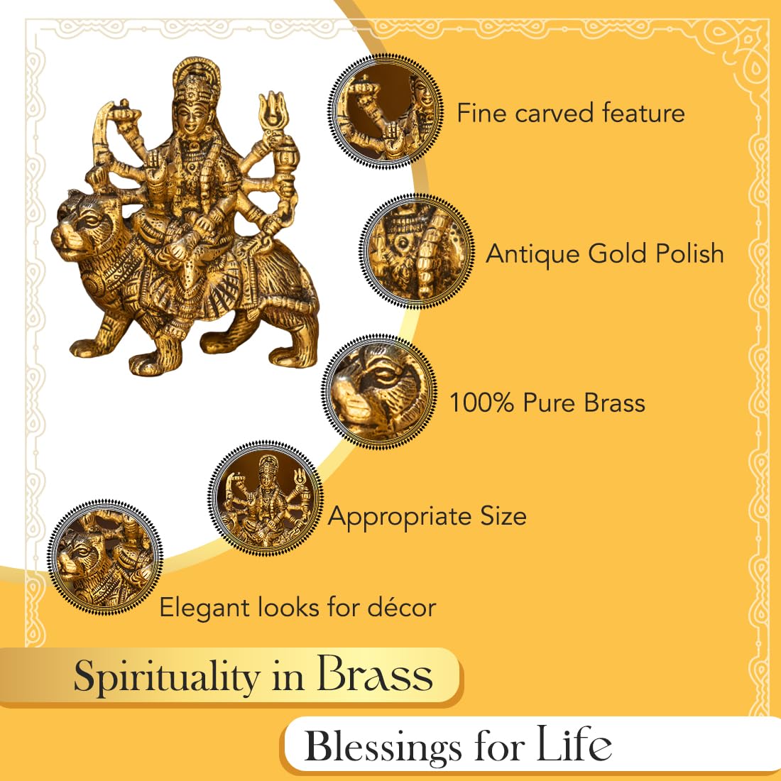 100% Pure Brass Durga Maa Idol (Size: 12.8 cm) | Durga MATA Murti for Home Decor & Puja Room | MATA Rani for Office Desk | Maa Durga for Gift | Sherawali Murti