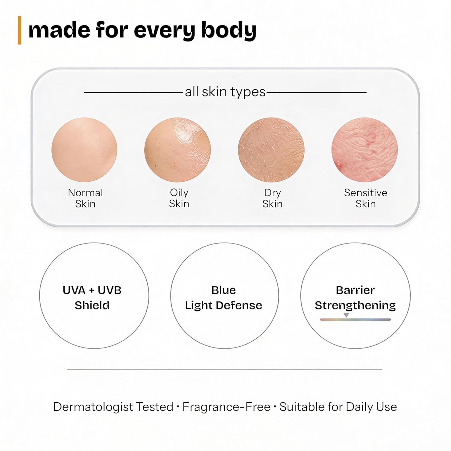 Product feature chart for different skin types and benefits on a white background