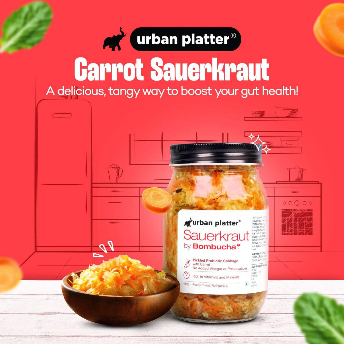 Urban Platter Sauerkraut Original Pickled Probiotic Cabbage with Carrot, 450g / 15.8oz [Raw, Artisanal, Plant-Based, Preservative Free]