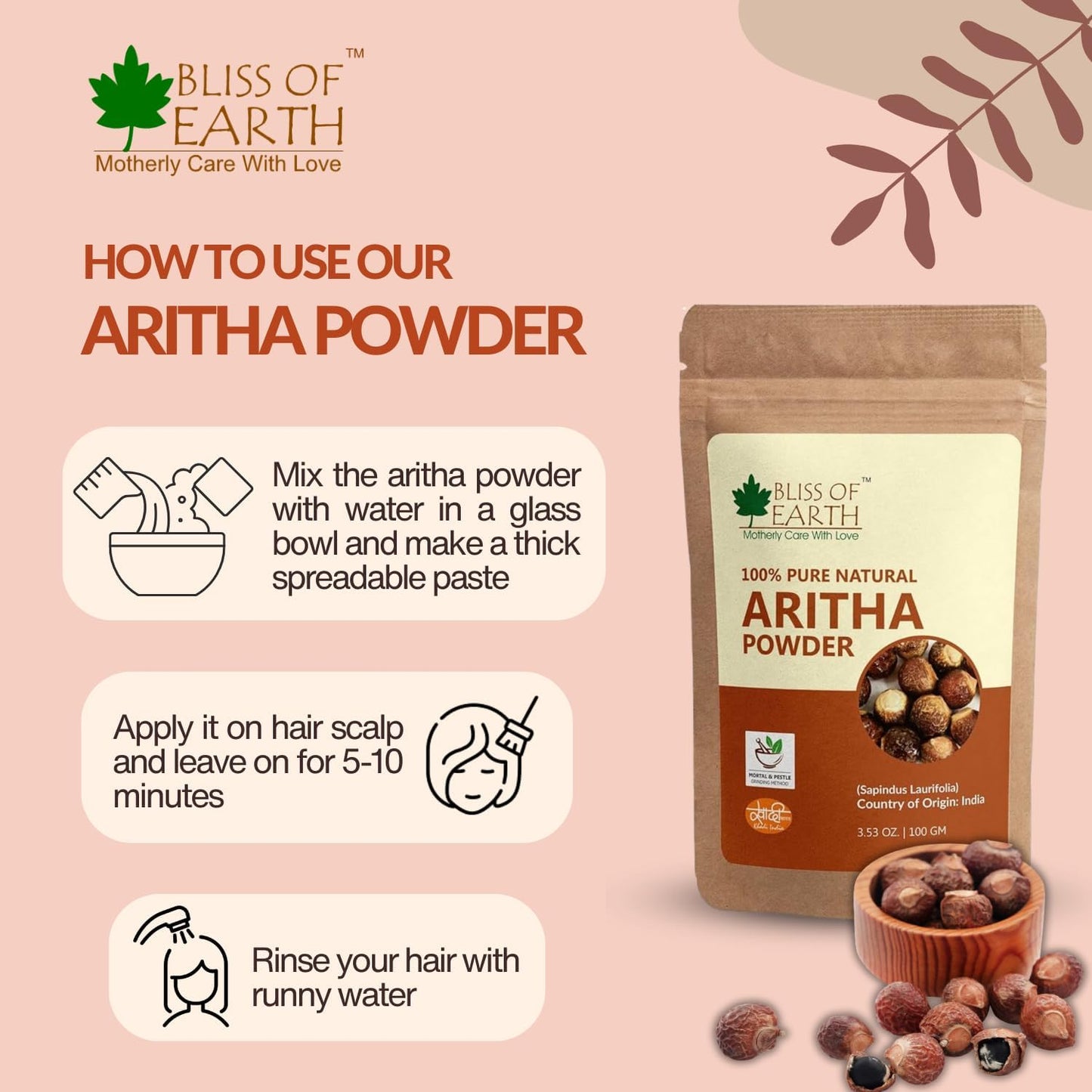Bliss of Earth Reetha powder for hair growth | 100GM | Aritha Powder |Natural & Chemically Free Hair Cleanser | Gorgeous & Silky Hair |