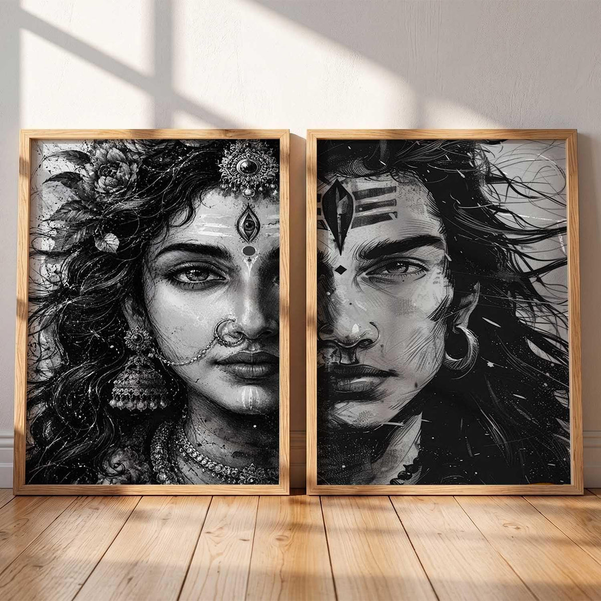 Set of 2 Framed Wall Art Prints, Premium HD Modern Wall Decor for Living Room, Bedroom, Office & Home, Abstract, Spiritual, Floral, Nature, Botanical & Boho Artwork, Ready to Hang (Shiv parwati 2, 13X19, Brown)